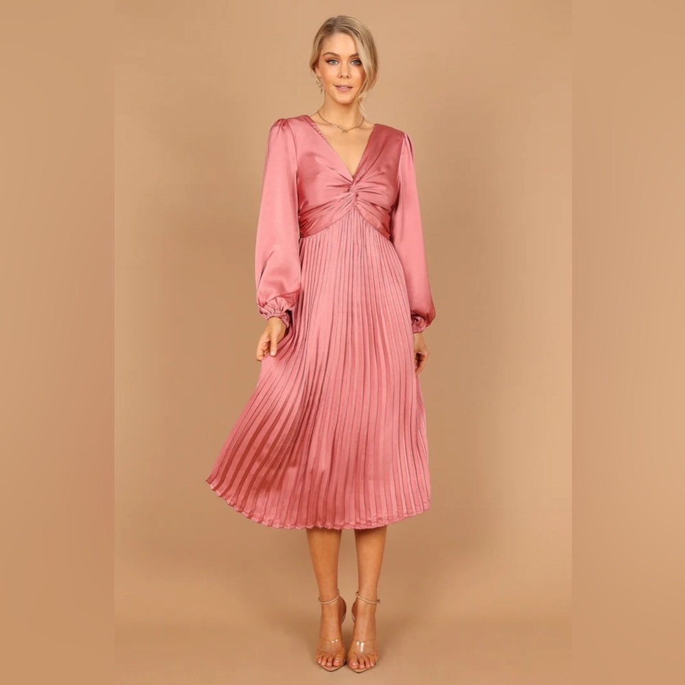Petal & Pup Rose Pink Satin Pleated Midi Dress